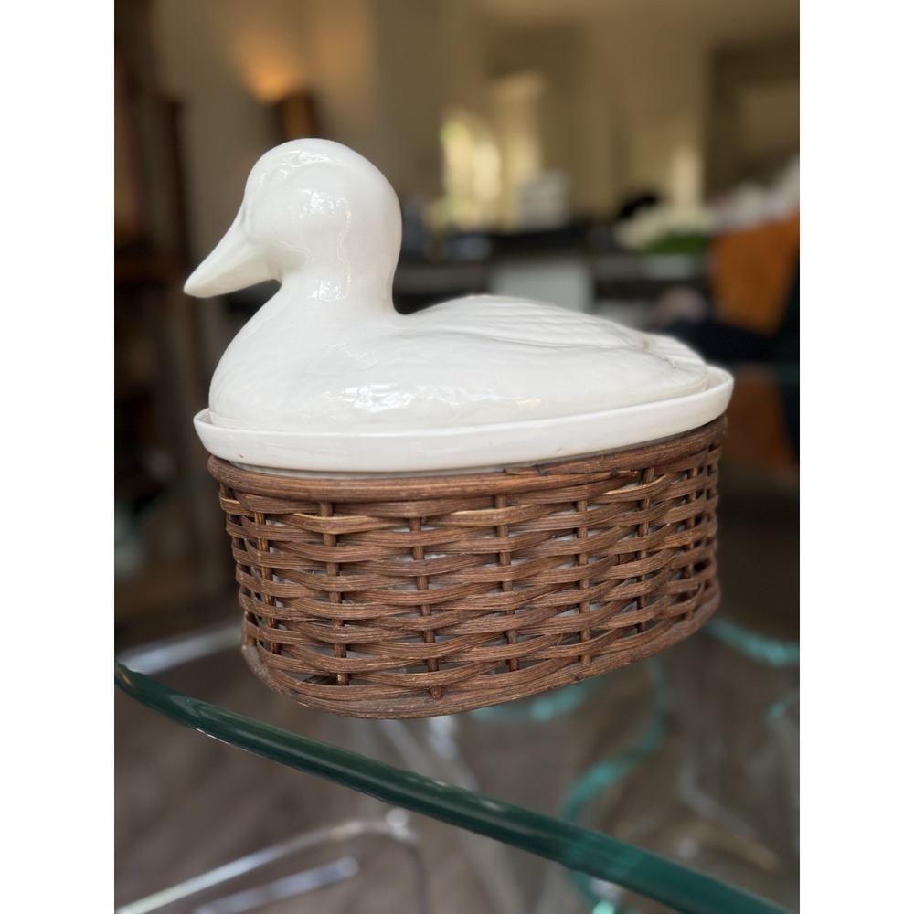 Vintage French Chef Gourmet Cookware Duck on Basket Nest Covered Casserole Dish